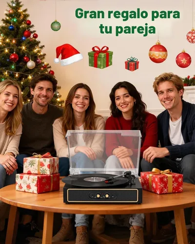 Vista 8 de Tocadiscos de vinilo retro con altavoces, control de graves/agudos