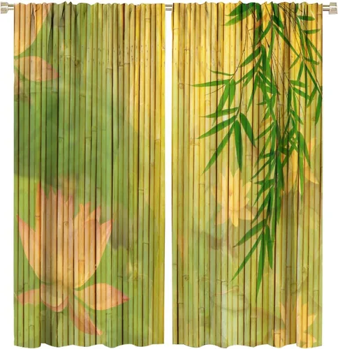 Vista 14 de Cortinas con estampado de bambú, tallos y hojas de bambú, temática oriental natural, oscurecimiento de habitación, ventana, ventana, cortina