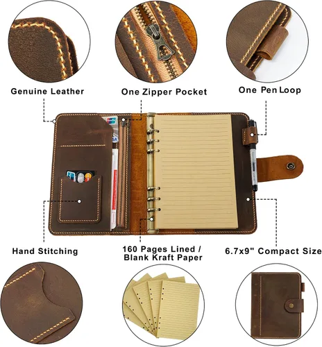 Vista 3 de Agenda Organizadora de Cuero Personalizada Tamaño A5, Cuaderno de Viaje con 6 Anillas, Cuaderno de Cuero Hecho a Mano, Regalo Personalizado