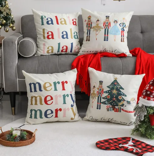 Vista 3 de Juego de 4 fundas de almohada con diseño de cascanueces y ballet de Feliz Navidad, fundas de almohada decorativas para el hogar, sofá, cama, silla