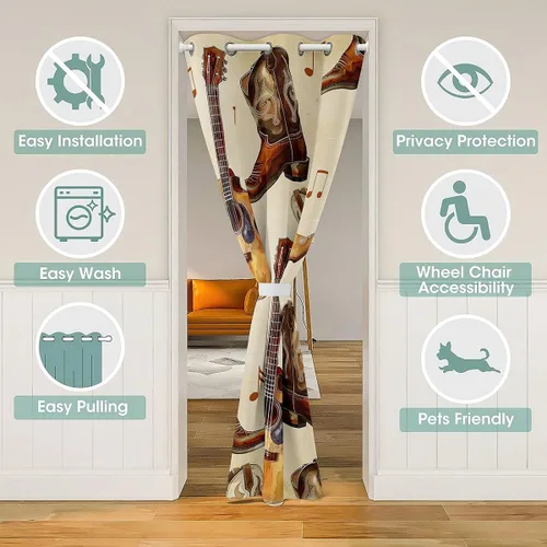 Vista 3 de Castle Fairy Cowboy Boots Door Curtain for Doorways Privacy Bohemia Musical Guitar Doorway Curtain Western Rustic Cowgirl All Season Blackout