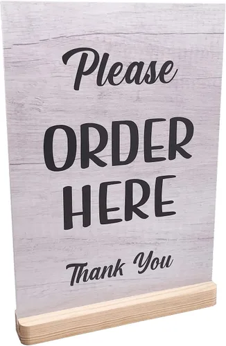 Vista 6 de Letrero con texto en inglés «Please Order Here» – Café, Takeaway, Cafetería, Sandwichería, letrero de mostrador, tamaño A4 (soporte negro)