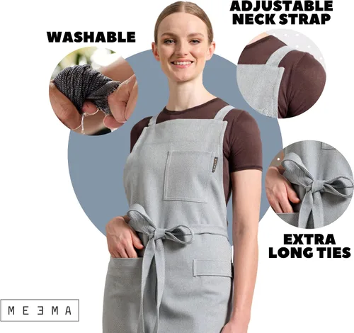 Vista 6 de MEEMA Chef Cross Back Aprons for Women with Pockets for Cooking, Baking Mezclilla azul