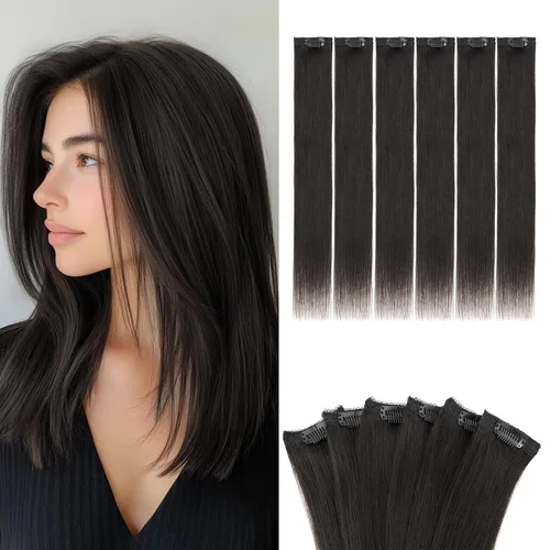 Vista 26 de 6 extensiones de cabello real con 6 clips, cabello ondulado de 10 pulgadas, color marrón oscuro