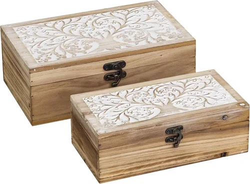 Vista 8 de 2 cajas de recuerdo de madera tallada con tapa con árbol de la vida, cajas de almacenamiento decorativas para decoración del hogar, caja