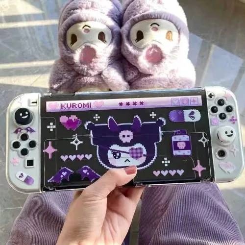 Vista 3 de ENFILY Cute Kuromi Case Compatible with Nintendo Switch OLED Dockable Case Cover Ergonomic Soft TPU Grip Case for Joycon Sparkle Skin Set