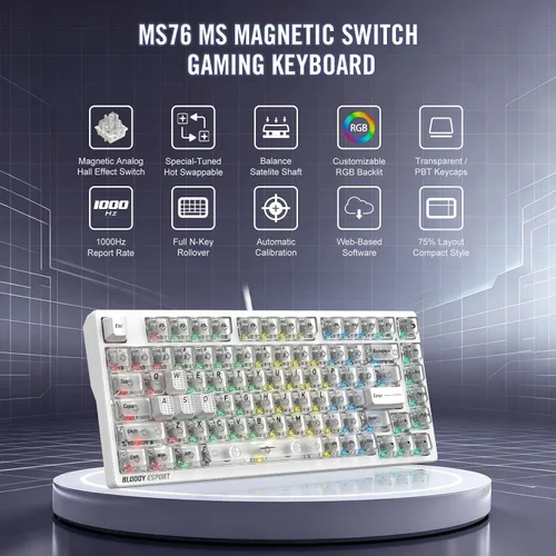 Vista 2 de Bloody MS76 Hall Effect Magnetic Gaming Keyboard Exact Reset System Analog Control 82 Key RGB Wired Crystal White (Crystal White)