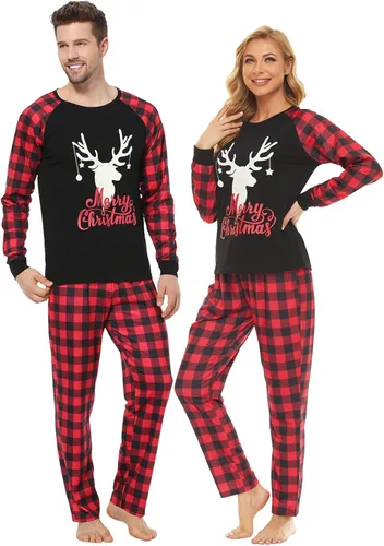 Vista 4 de YIJIU Pijamas de Navidad con estampado de ciervos y tótem de manga larga