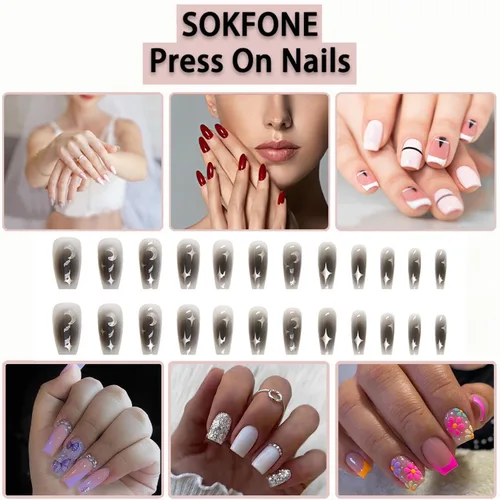 Vista 7 de 24 uñas postizas medianas a presión, uñas postizas brillantes con diseños de estrellas y luna, uñas acrílicas negras de cobertura completa pegamento