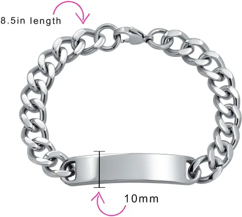 Vista 4 de Bling Jewelry Cadena de eslabones cubanos chapada en nombre de identificación para hombre, nombre personalizado, grabado en tono plateado, acero