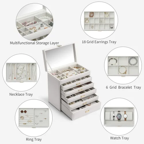 Vista 3 de Vlando Organizador grande de joyero, organizador de joyas de 6 capas, de piel sintética, collar y aretes, almacenamiento para mujeres, Navidad, Año