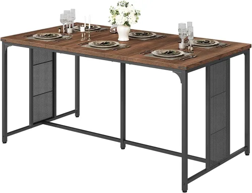 Vista 6 de YATINEY Mesa de comedor para 6-8, mesa de cocina grande de 63 pulgadas, mesa de comedor industrial, mesa rectangular de madera con pies ajustables