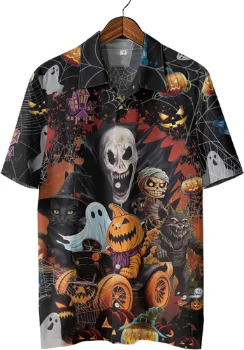 Vista 3 de Camisas hawaianas góticas para hombre, juego de camisas hawaianas con botones de terror para Halloween, 58 Halloween_31