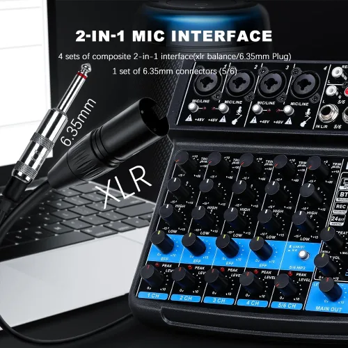 Vista 4 de BOMGE Consola mezcladora de sonido mini DJ Audio de 6 canales con interfaz USB, Bluetooth, grabación estéreo, alimentación fantasma de 48V, 99