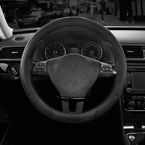 Vista 8 de Road Comforts Funda para volante, de piel antideslizante y transpirable, ajuste universal de 14.5 a 15 pulgadas, agarre cómodo, color negro