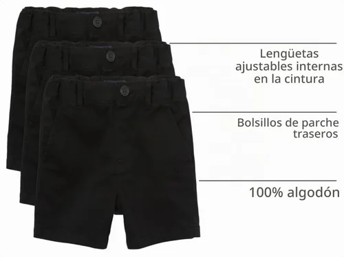 Vista 2 de The Children's Place - Pantalones cortos chinos para bebés niños Negro paquete de 3
