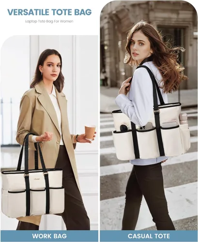 Vista 9 de LOVEVOOK bolso tote vintage para laptop para mujer, Beige-Negro, 15,6 pulg., Moda
