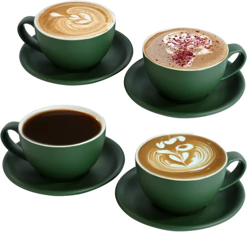 Vista 10 de Yundu Ceramics Latte Cup and Saucer - 10 onzas para capuchino, té, café moca, juego de 4, color mixto mate 4 colores mate oscuro