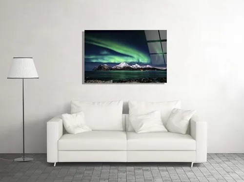 Vista 2 de Aurora luz del norte, luz polar, cielo nocturno, estrellas, montaña, lago, nieve, picos, paisaje, naturaleza, arte de pared de vidrio templado