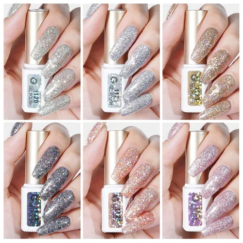 Vista 6 de GAOY Juego de Esmalte de Uñas con Purpurina Cromado Platino, 6 Colores Incluyendo Esmalte en Gel Brillante Resplandeciente UV LED Removible Negro
