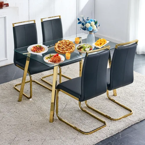Vista 27 de Juego de mesa de comedor de cristal para 4, mesa rectangular con 4 sillas de cocina de cuero blanco, juego de comedor de cocina de 51 pulgadas, mesa