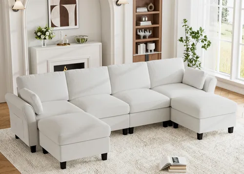 Vista 13 de Legend Vansen Sofá modular seccional, cómodo sofá modular en forma de U de 6 asientos con espacio de almacenamiento y diván, sofás seccionales Crema