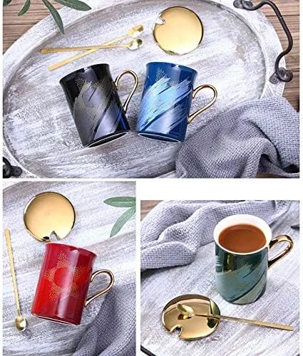 Vista 4 de Taza de café de cerámica. Diseño novedoso y moderno con mango dorado y taza de colores brillantes. Taza de té para vajilla de cocina y desayuno Negro