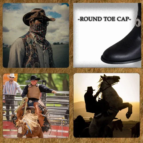 Vista 5 de Botas vaqueras para hombre, botas de tacón grueso bloqueado con correa Chonco cosidas, botas occidentales cerradas, punta redonda, botas bordadas a