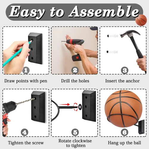 Vista 6 de Soporte de pared para baloncesto VIVTOB, soporte de pared para pelota de 7 pulgadas con base de madera maciza de nogal negro y anillo de metal