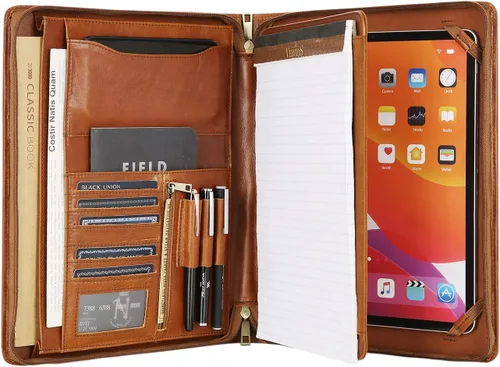 Vista 9 de Portafolio de cuero para iPad Pro/Air de 13/12.9/11 pulgadas, soporte de cuero grabado con soporte para iPad para bloc de notas tamaño carta Negro