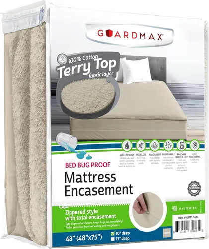 Vista 34 de Guardmax Funda de colchón individual con cremallera, protector de colchón 100% impermeable, suave y absorbente de algodón de rizo superior