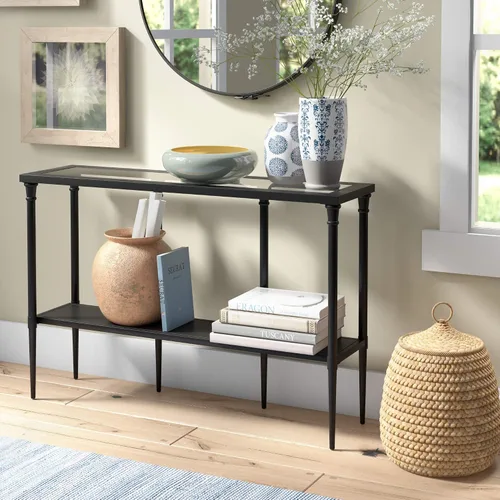 Vista 7 de Dafna - Mesa consola rectangular de 45 pulgadas de ancho en bronce ennegrecido Two-tier design with glass top adds stylish storage and display