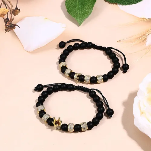 Vista 2 de Crown King and Queen - Pulseras de cuentas ajustables para parejas, piedra negra onxy hecha a mano, pulsera de eslabones para hombres y mujeres, San