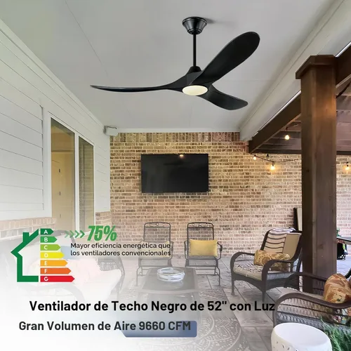 Vista 4 de Ventilador de techo inteligente negro de 52 pulgadas con luces, ventilador de techo para exteriores para patio, ventilador de techo de 3 aspas