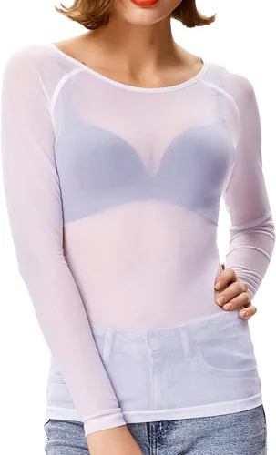 Vista 17 de Kate Kasin Tops de malla para mujer, camisas transparentes de manga larga Negro