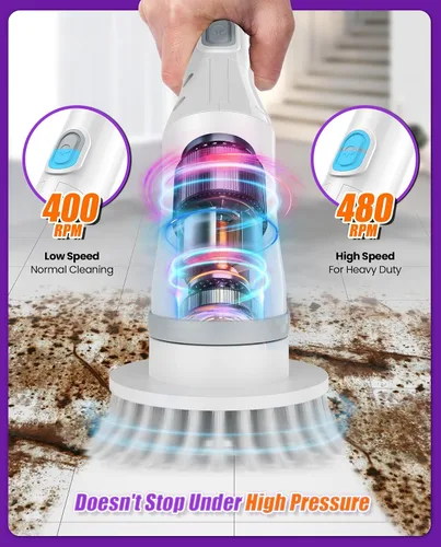 Vista 2 de Limpiador eléctrico inalámbrico 6 en 1 con mango largo Power scrubber, bathroom scrubber, 47.2 in long handle, 2 speed scrub brush, IPX7 rated