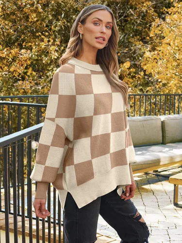 Vista 159 de Lillusory - Suéter extragrande con mangas de murciélago y cuello redondo para mujer, prenda moderna de otoño de tejido de punto sin botones