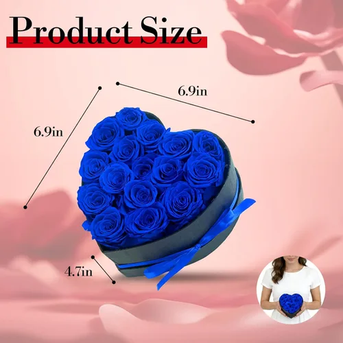 Vista 2 de Rosas preservadas en forma de corazón, flores para siempre (16 rosas azules)