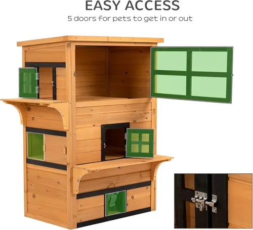 Vista 6 de 3-Tier Modular Cat House: Asphalt Roof, Lifted Floor, Escape Door + Jump Platforms, Yellow/Black Finish, 38.5x27x48in, Fir Construction, 10lb