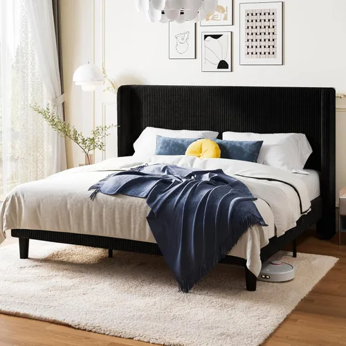 Vista 20 de Allewie Marco de cama tamaño completo con cabecera tapizada tipo wingback, cama plataforma de terciopelo de pana con capitoné de canales verticales