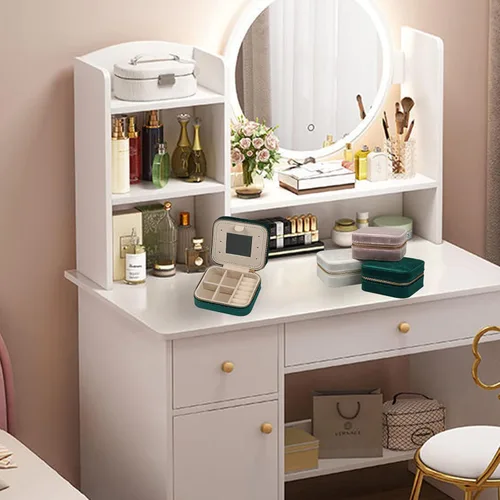 Vista 5 de Jwinkumy Mini organizador de joyas caja de viaje con espejo, portátil, pequeño, soporte de almacenamiento de terciopelo para anillos, aretes