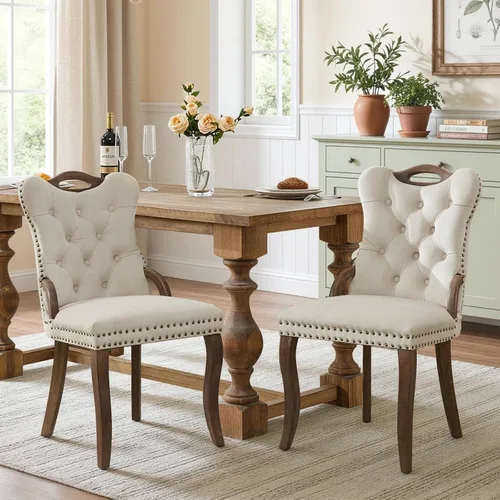 Vista 60 de SoarFlash Juego de 2 sillas de comedor de terciopelo, silla lateral de respaldo alto, silla lateral moderna tapizada de alta gama con botones Beige