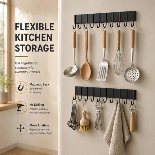 Vista 3 de 2 soportes magnéticos para llaves para refrigerador con 10 ganchos, soporte magnético para utensilios para pared, organizador de ganchos colgadores