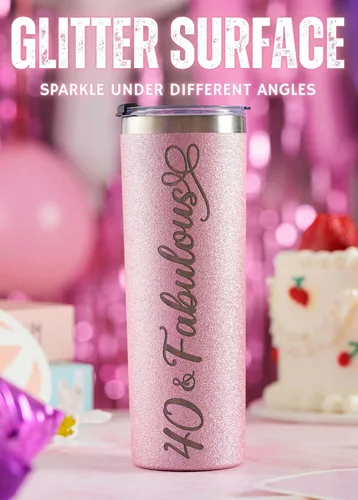 Vista 3 de Onebttl Regalos de cumpleaños número 40 para mujeres, mujeres, ella, 40 y fabuloso, vaso aislado de acero inoxidable con purpurina de 20 onzas