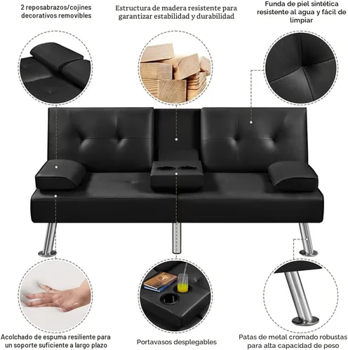 Vista 6 de Yaheetech Sofá Cama Convertible Sillón Reclinable Ajustable Moderno de Cuero Sintético Sofá de Dos Plazas Reversible Cama Plegable Tipo Diván