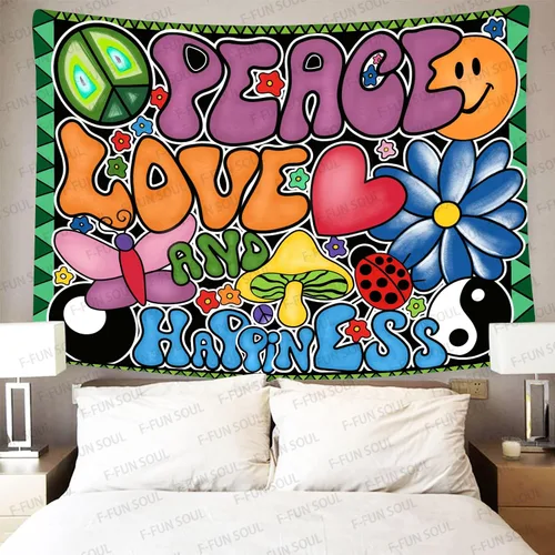 Vista 5 de F-FUN SOUL Tapiz de paz amor y felicidad, tapices geniales, 40 x 30 pulgadas, tapices temáticos de los años 70, tapiz estético hippie para colgar
