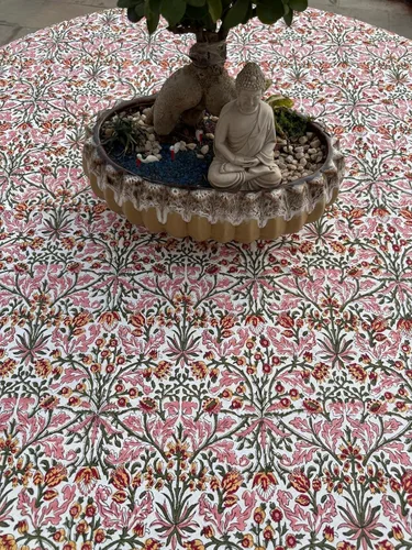 Vista 99 de Ridhi Mantel redondo estampado a mano color rosa flamenco 110 pulgadas 100%