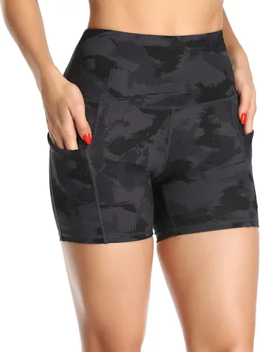 Vista 3 de Oalka Pantalones cortos de yoga para mujer, con bolsillos laterales, cintura alta, para entrenamiento, correr, deportes, 4 pulgadas