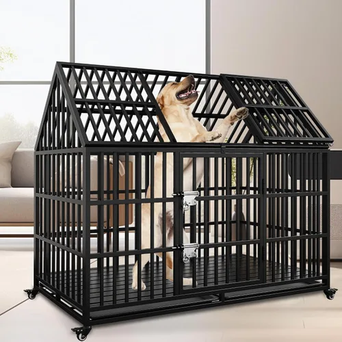 Vista 7 de Jaula resistente para perros de 54 pulgadas, jaula para perros gigantes extra grandes con 2 puertas, ruedas con bloqueo, bandejas extraíbles, acceso