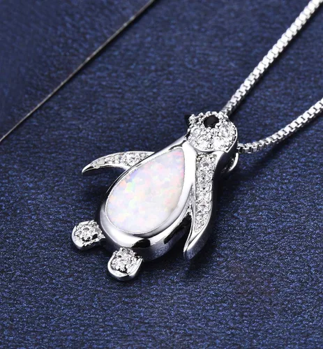 Vista 5 de Lindo collar con colgante de pingüino de ópalo para mujeres, adolescentes, niñas, circonita cúbica de cristal, caja de animales antárticos